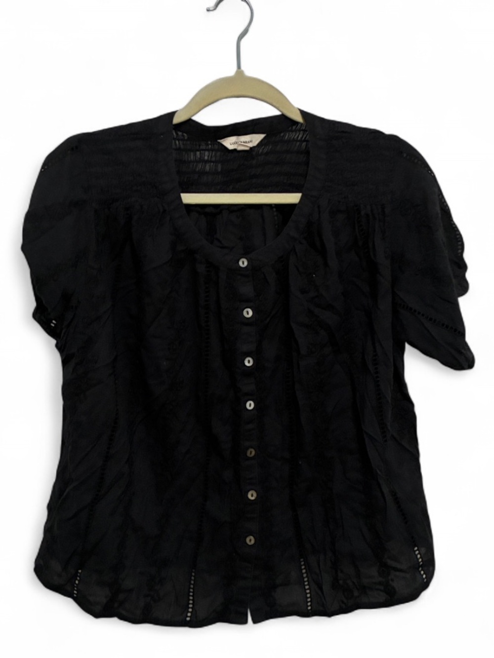 Lucky Brand Boho Black Short-Sleeve Button Blouse
